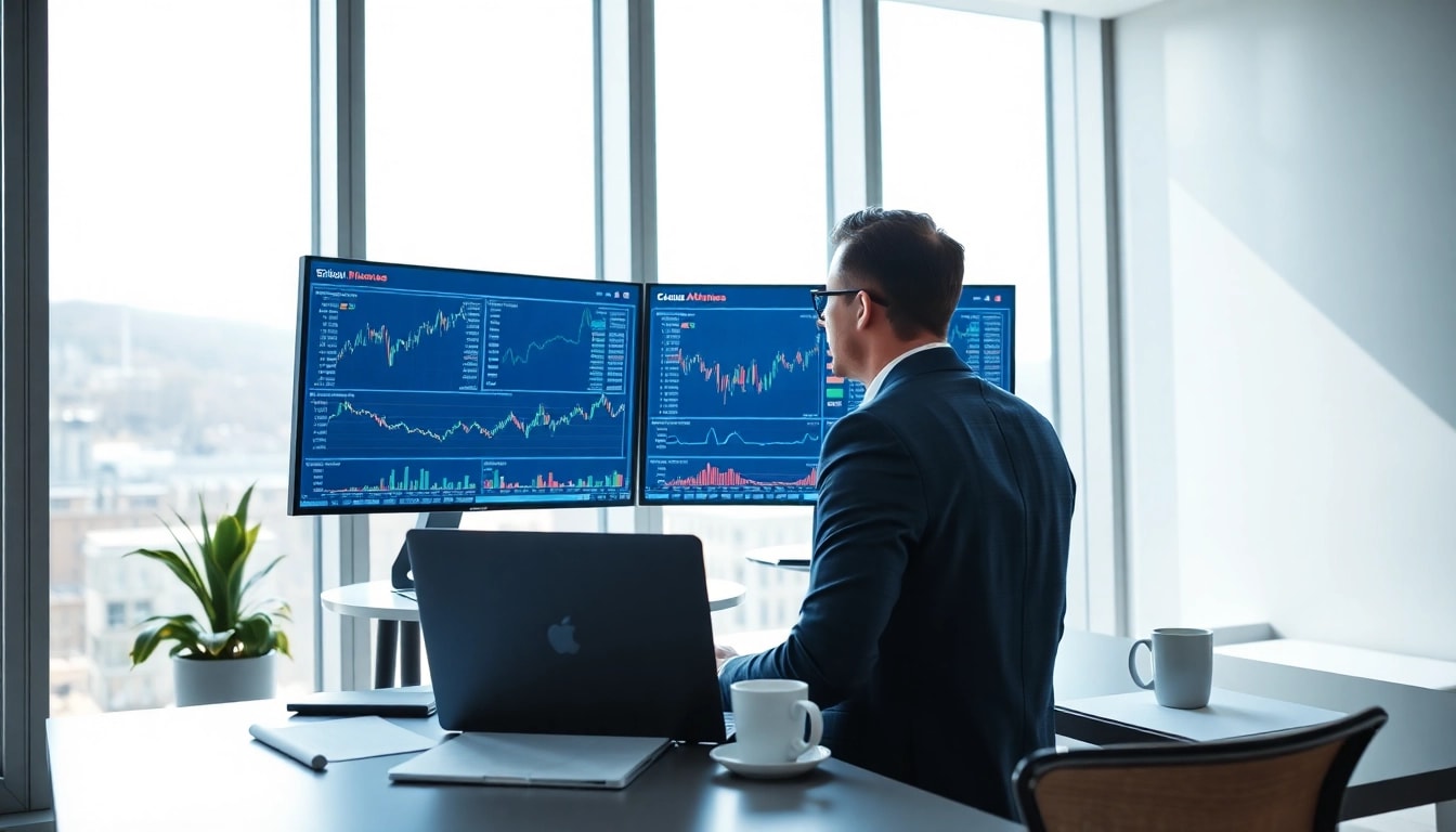 Aktienanalysen im Kontext eines Finanzanalysten in modernem Büro beleuchtet von natürlichem Licht.