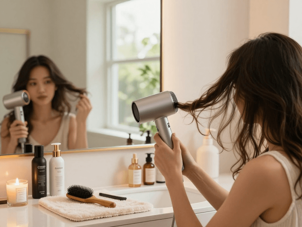 Sleek mini hair dryer in use by a professional woman in a chic bathroom, showcasing a stylish beauty routine.