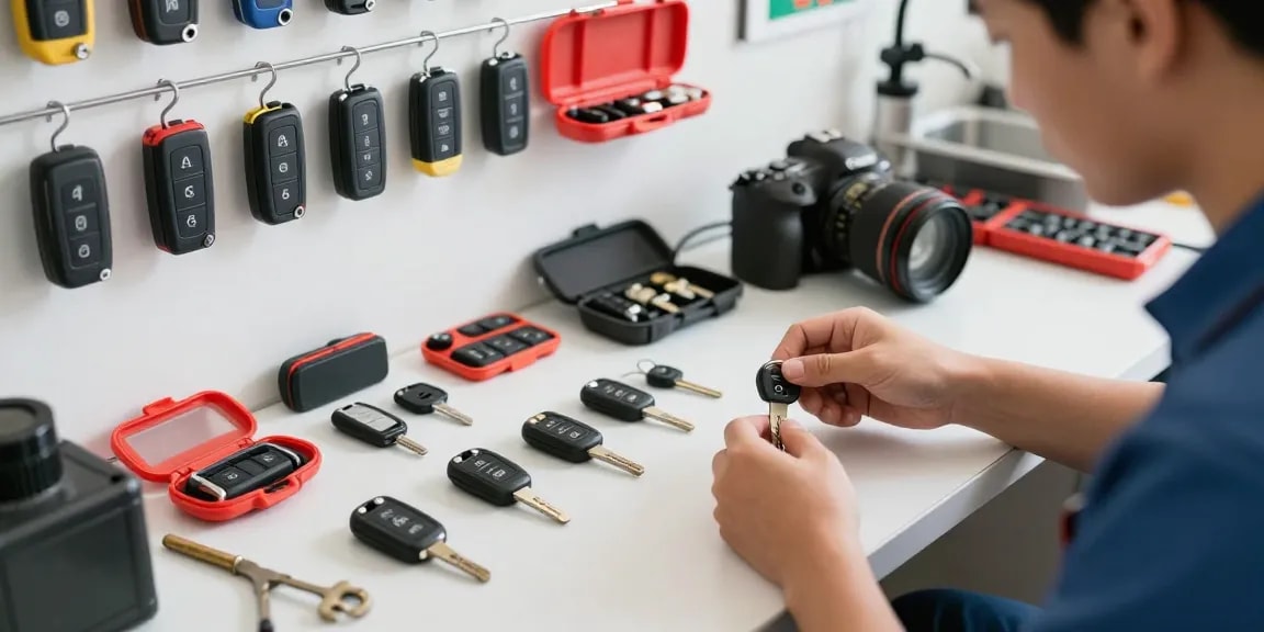 Schlüssel für Auto im professionellen Schlüsseldienst-Werkstatt mit einem Experten, der verschiedene Autoschlüssel bearbeitet.
