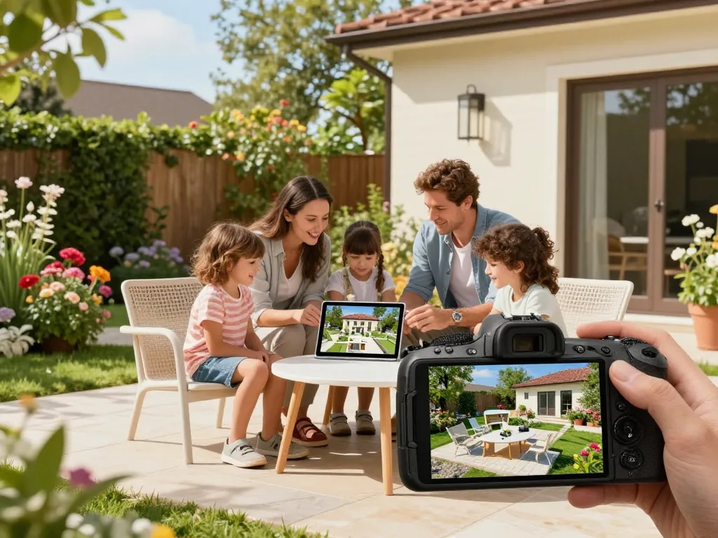 Familie erkundet einen Veranda 3D Konfigurator für ihre Gartengestaltung