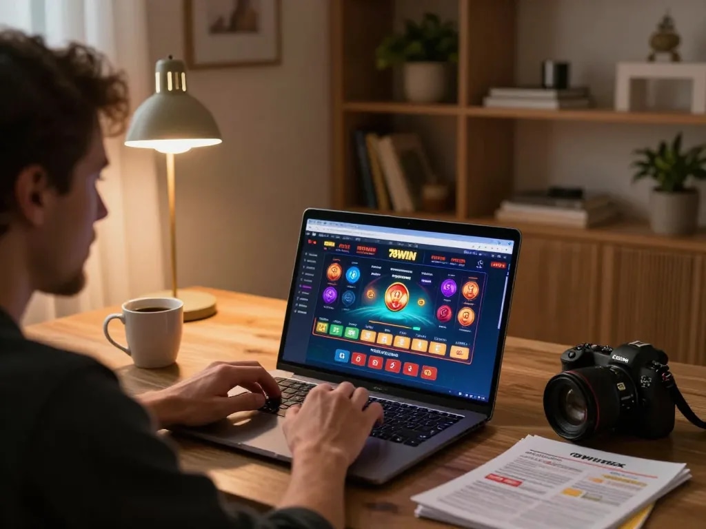 Engaged player exploring 78WIN's casino games on a laptop in a stylish home setup