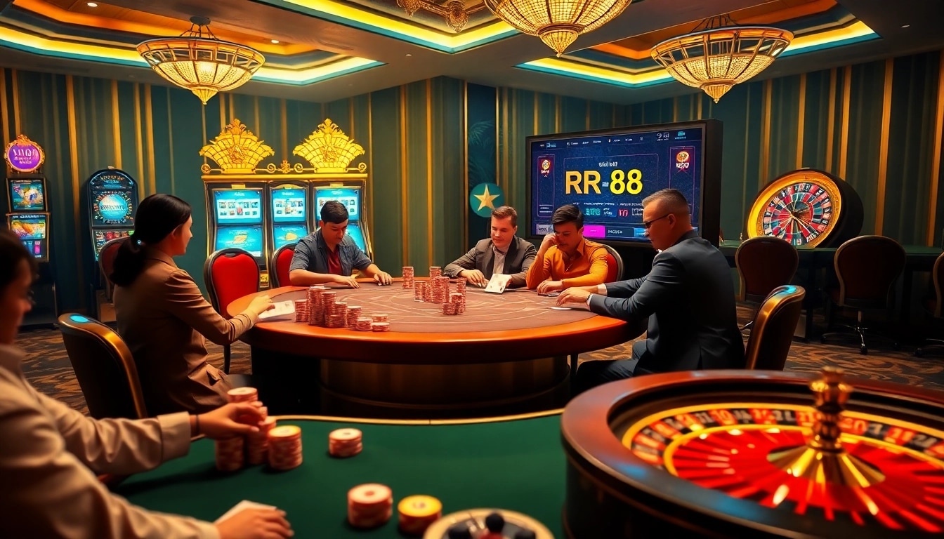 Gambling at RR88 with colorful chips and elegant cards on a vibrant poker table.