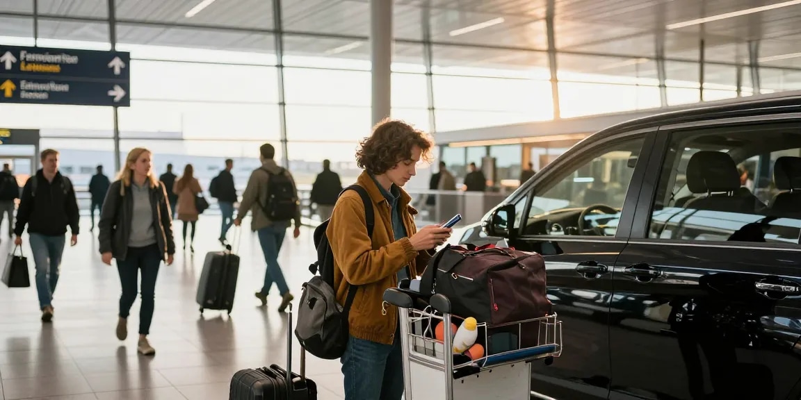 Frankfurt Flughafentransfer service at airport with traveler checking ride details and luggage.