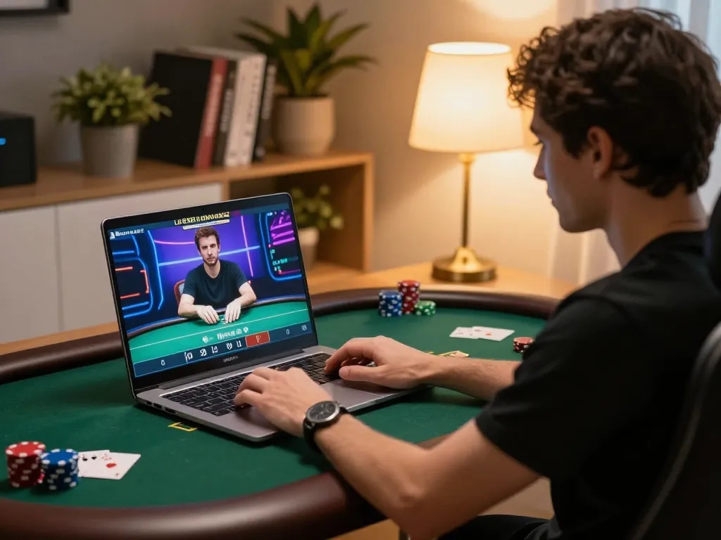 Engaging online poker gameplay on a laptop with casino-themed decor highlighting the secure https platform.