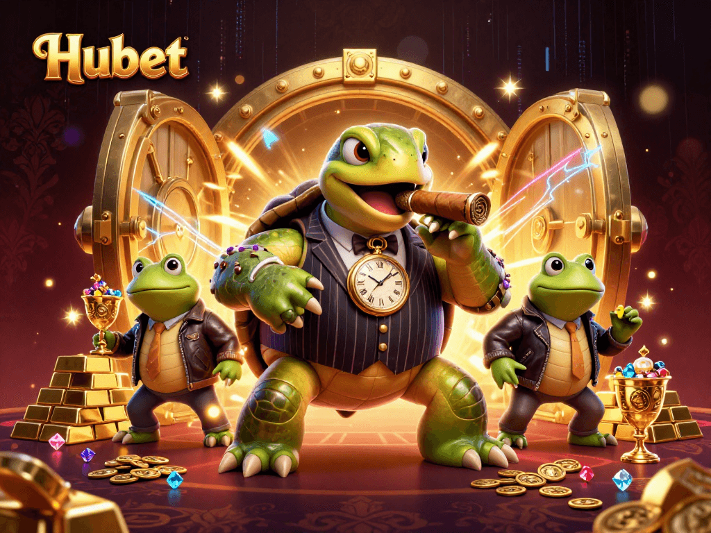 Experience Hubet's thrilling casino adventures with a 3D mobster turtle and enforcers amid treasures.