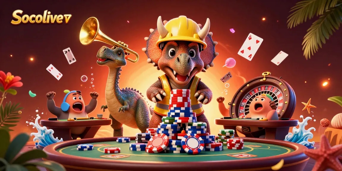 Socolive TV immerses players in excitement with a vibrant poker-themed scene featuring animated dinosaurs.