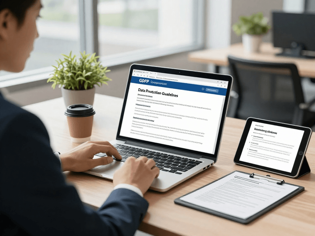 Startseite showcasing a professional handling data protection in a bright office.