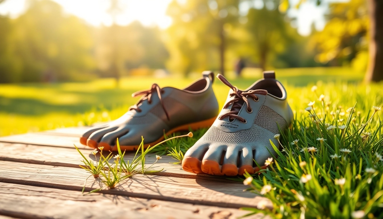 Tragen Sie bequeme Barefoot-Schuhe mit natürlichem Design auf grünem Gras.