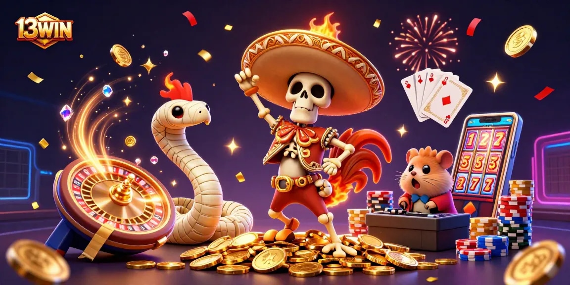 Experience the excitement of 13WIN with vibrant characters celebrating on a pile of coins in this immersive casino illustration.