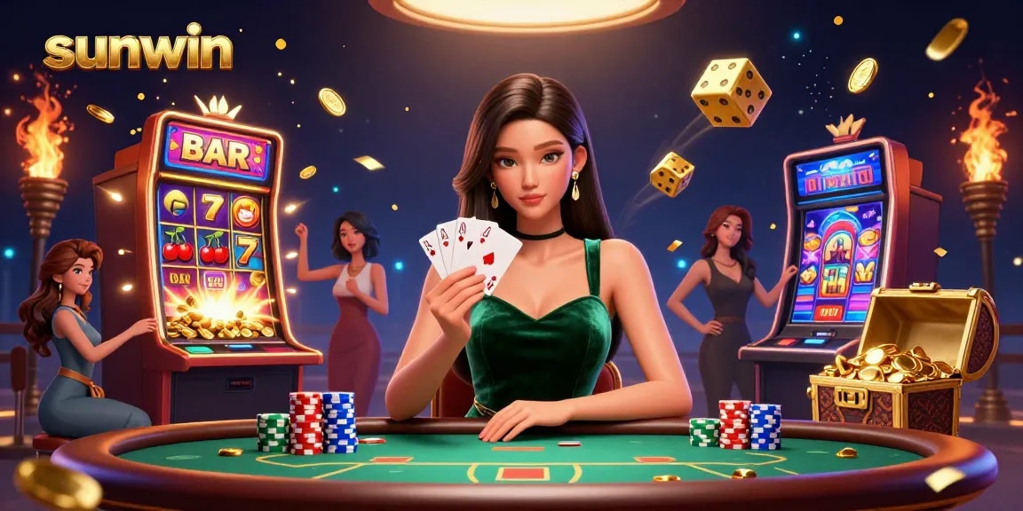Experience sunwin's thrilling casino action with a beautiful Asian woman playing poker.