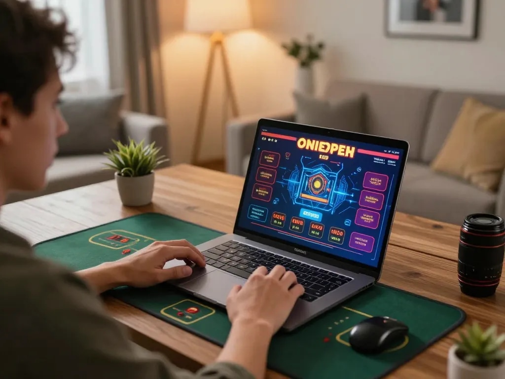 Player exploring kjc online casino games on a laptop with vibrant interface in a cozy home setting.