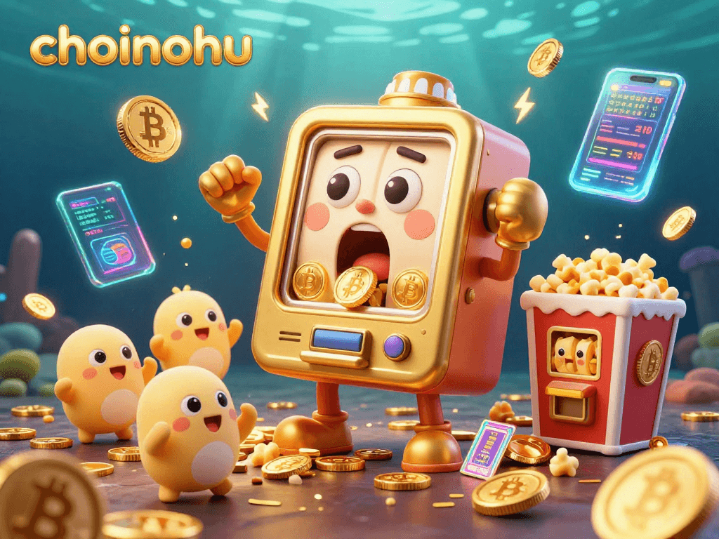 cheerful choinohu slot machine celebrating its jackpot win amidst glowing crypto elements