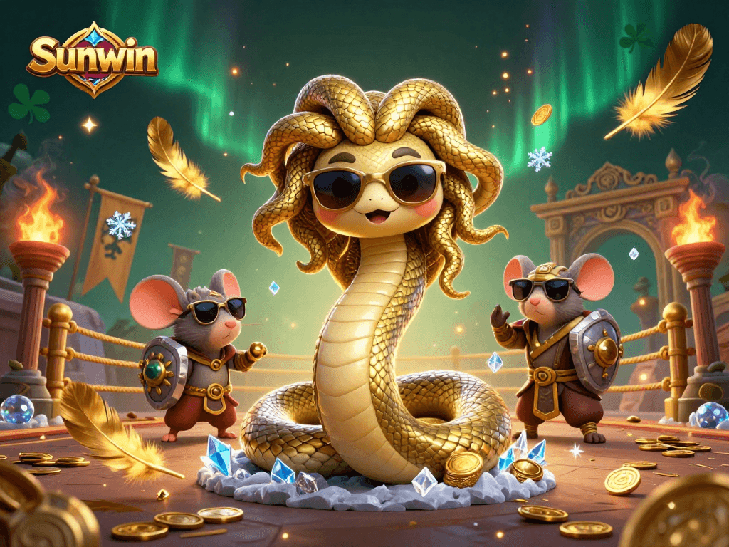 Join the fun with Sunwin in this vibrant casino scene filled with engaging characters and golden treasures.