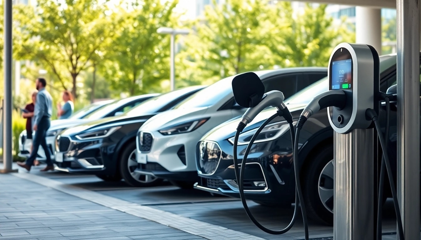 Elektroautos an einer modernen Ladestation in urbaner Umgebung.