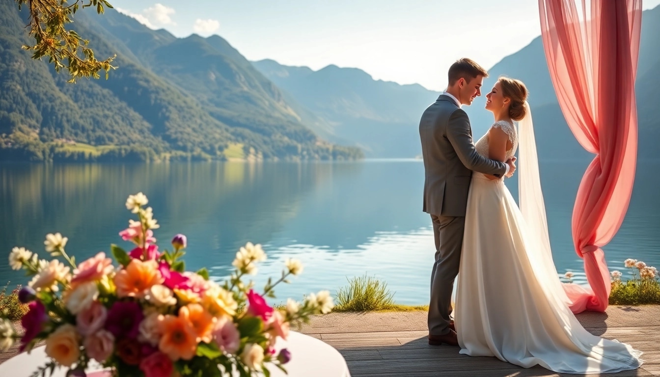 Hochzeitsfotograf Schliersee dokumentiert ein romantisches Paar am Seeufer mit atemberaubendem Hintergrund.