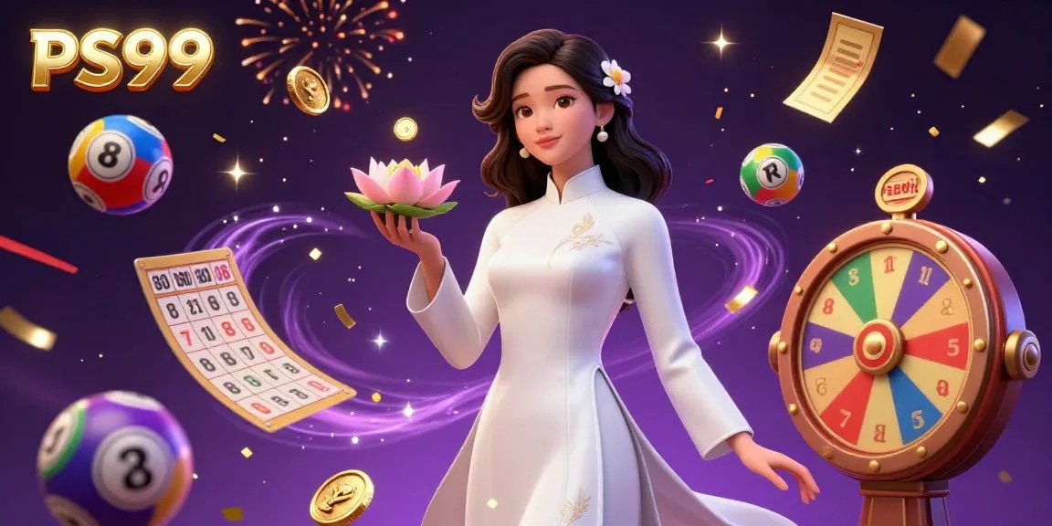 Experience thrilling PS99 gaming with a vibrant 3D casino scene filled with lottery elements.