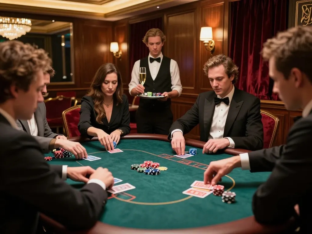Players strategizing at MK8 VIP poker table with luxurious ambiance