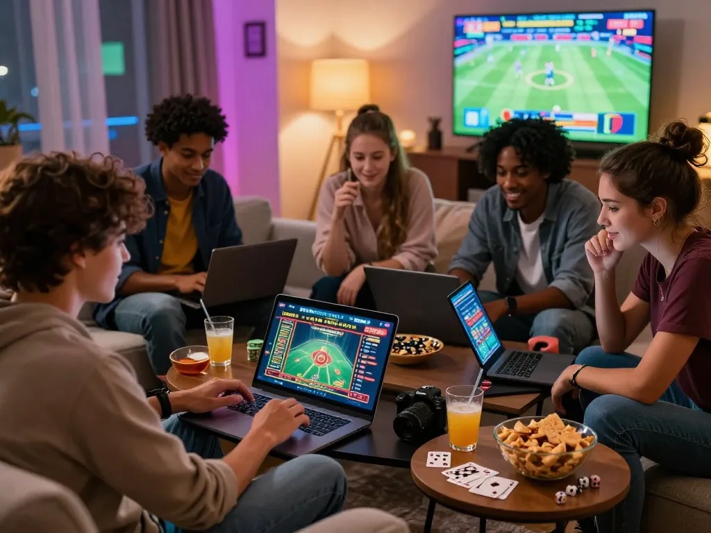 Friends enjoying an engaging online gambling experience with Bong99 in a cozy living room.