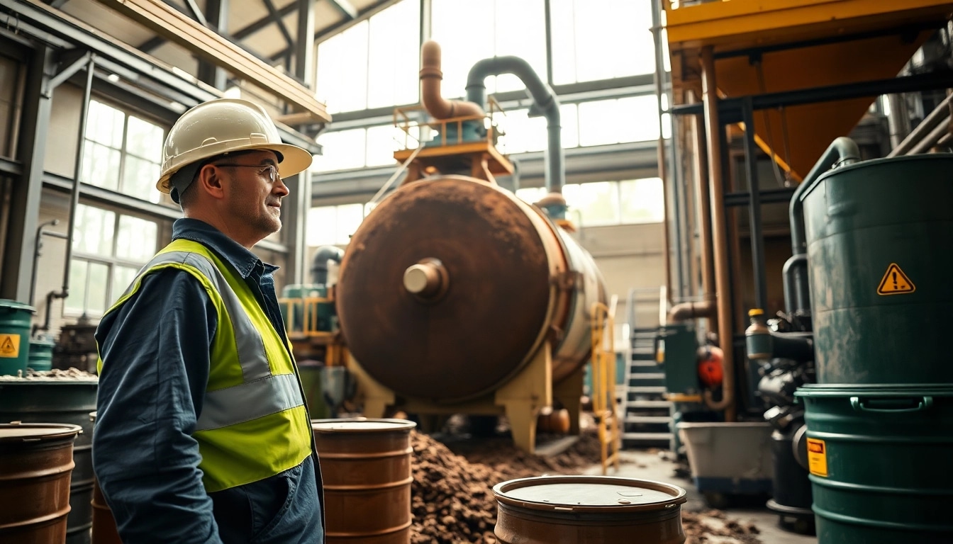 Ölschlamm extraction process in a recycling setting with workers and machinery.