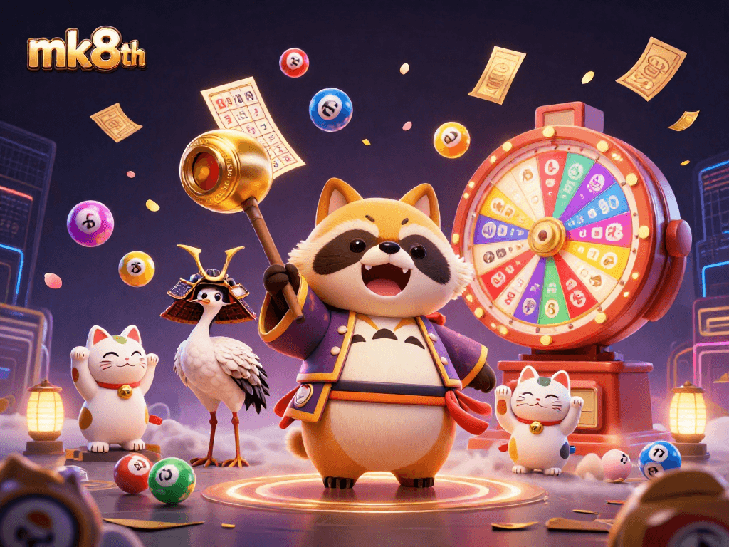 Engage in thrilling lottery excitement with mk8th as the cheerful tanuki and lucky symbols fill the screen.