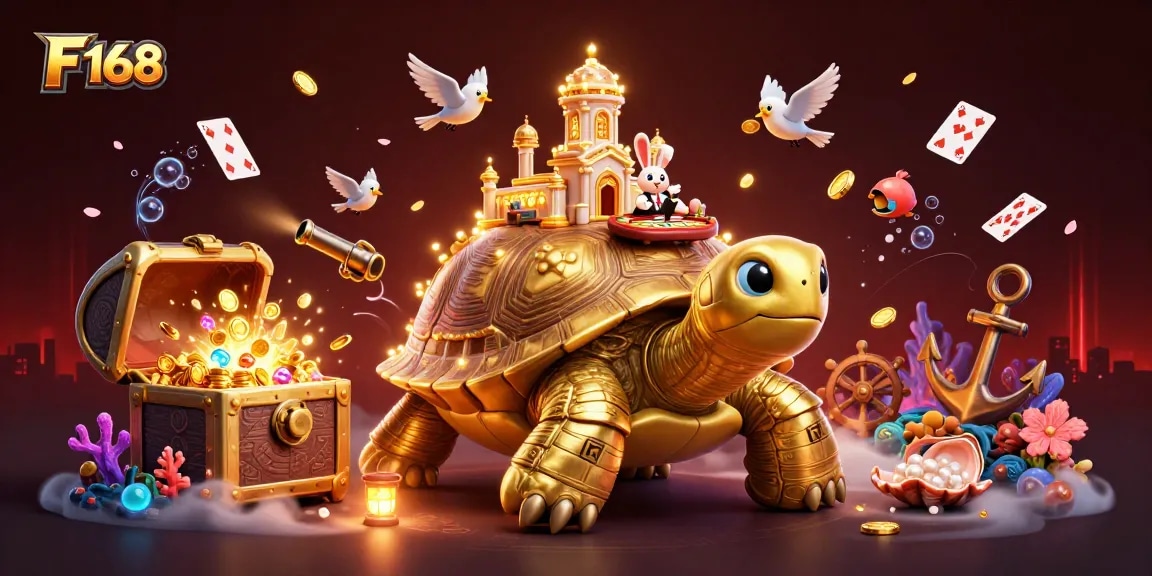 Experience exhilarating gaming at F 168 with a vibrant casino-themed 3D illustration showcasing dynamic characters and rich elements.