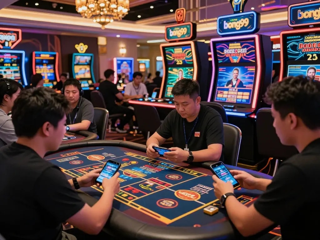 Enthusiastic players engaging in live casino games at bong99