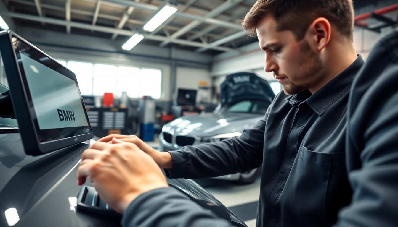 BMW Codierung durch einen Mechaniker in einer modernen Werkstatt mit technischem Equipment.