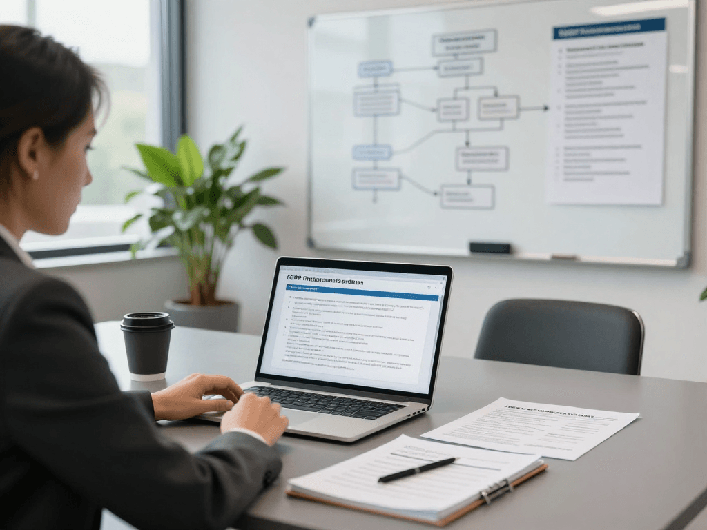 Startseite für Datenschutzberatung mit professionellem Berater am Tisch, der über DSGVO-Compliance berichtet