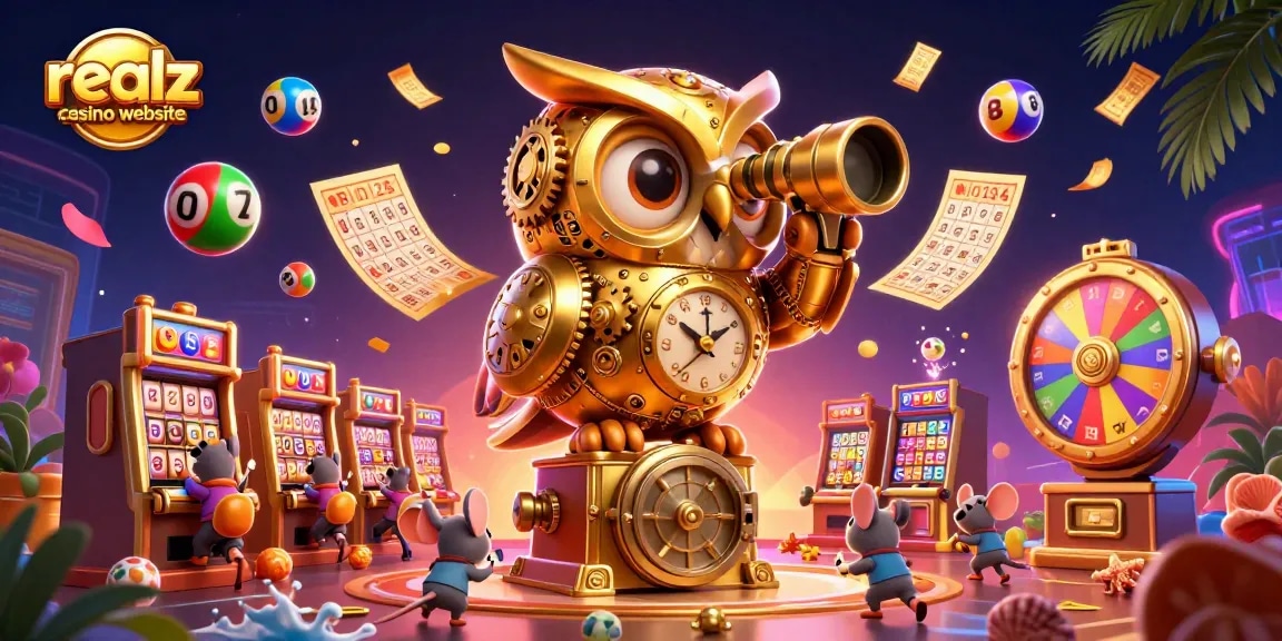 Erlebe die aufregende Welt der realz casino website mit einer Uhrwerk-Eule und bunten Lotteriekugeln.