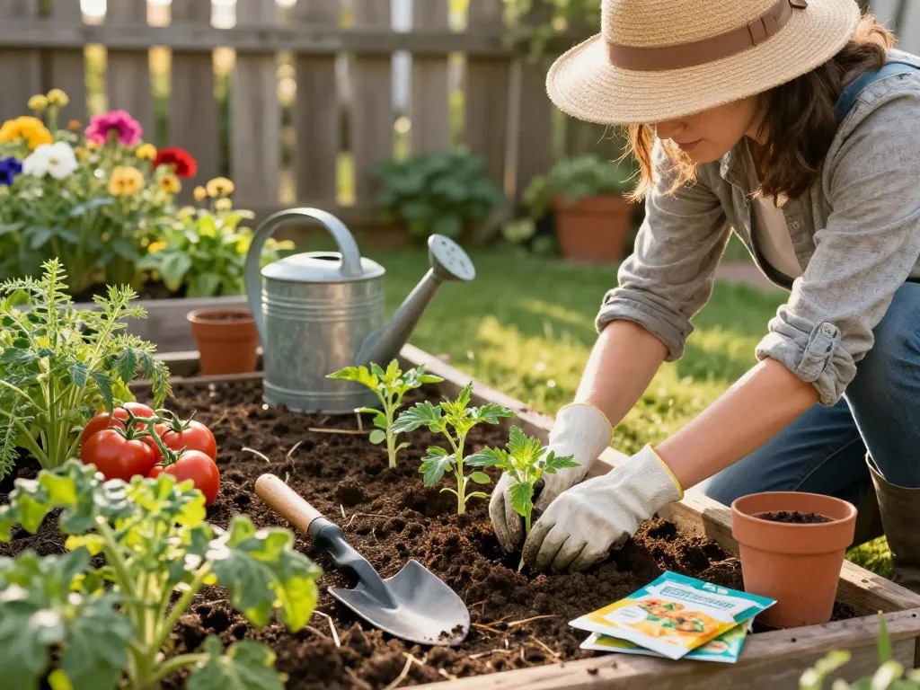 Gardener planting porree jungpflanzen in a vibrant vegetable garden.