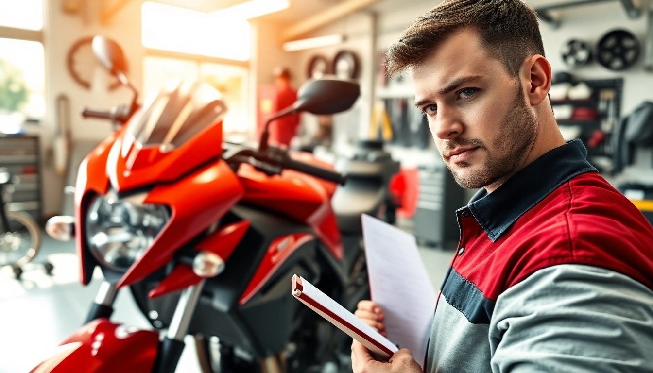 Motorradgutachten Augsburg: Mechanic inspecting motorcycle in a well-lit workshop.