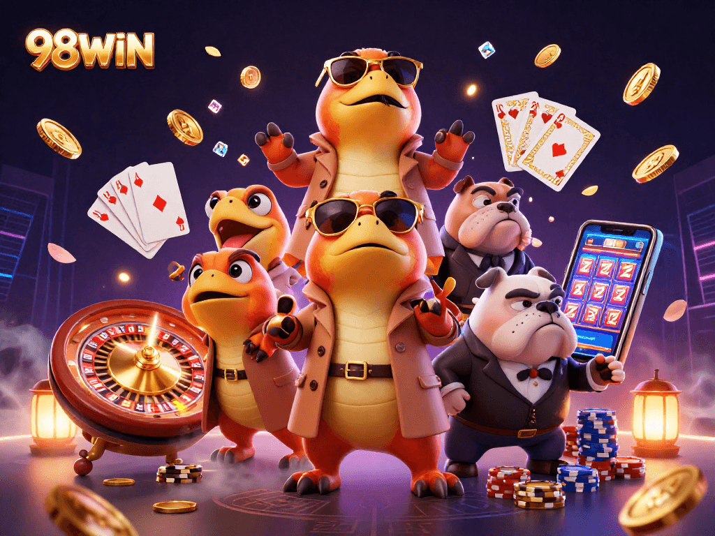 A dynamic VIP casino scene with raptors disguised as a single person and a bouncer, showcasing poker chips and golden coins, featuring 98WIN.