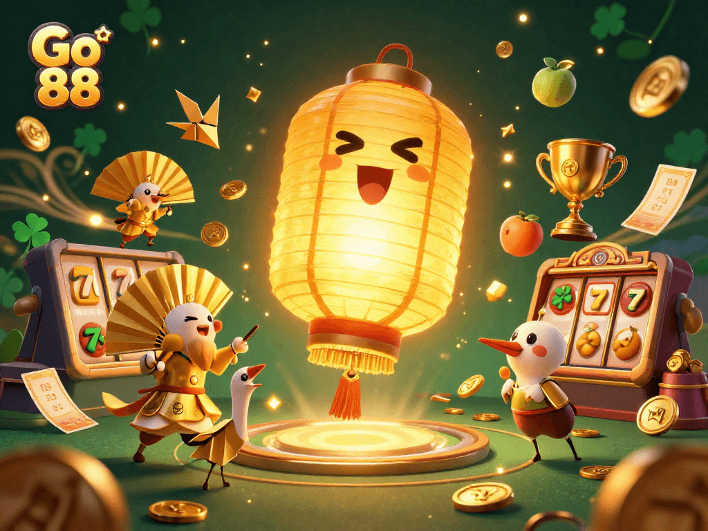 Experience the excitement of Go 88 with engaging slot reels and golden symbols in a vibrant casino scene.