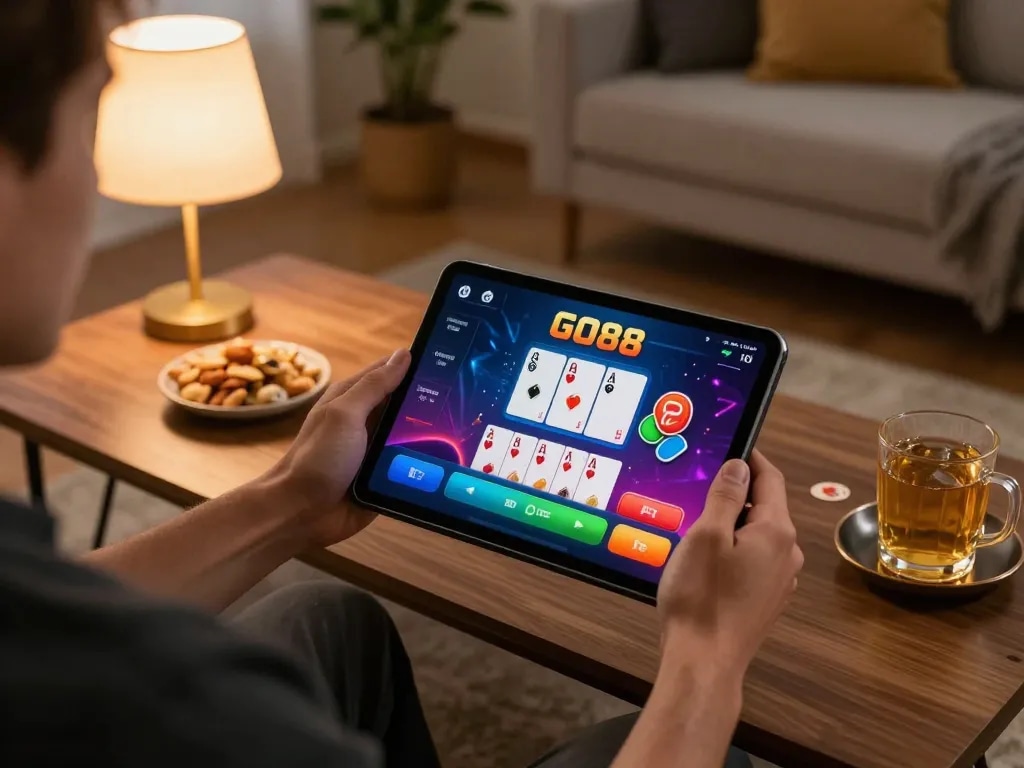 Engaging online poker gameplay on GO88 app in a cozy home setting.