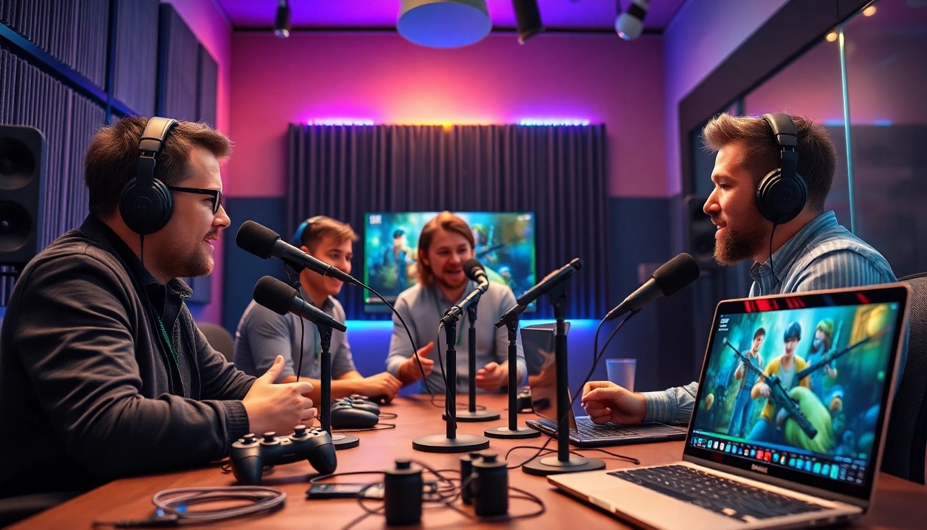 Ein lebhafter Gaming Podcast im Studio, wo Podcaster spannende Themen diskutieren.