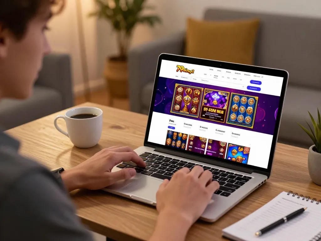 Player enjoying interactive 79king2 online games on laptop, with strategy notes nearby.
