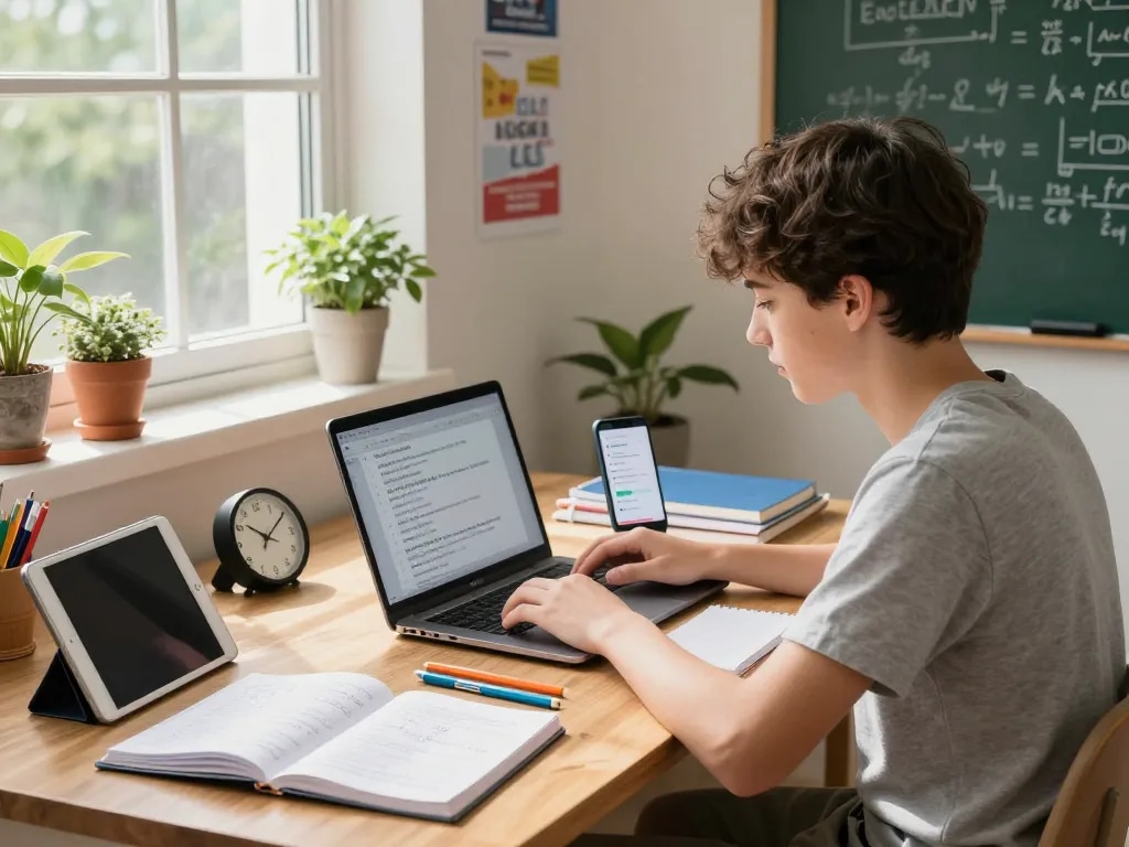 Engagierter Student, der mit Hausaufgaben Löser Online-Tools in einem hellen Arbeitsbereich lernt.