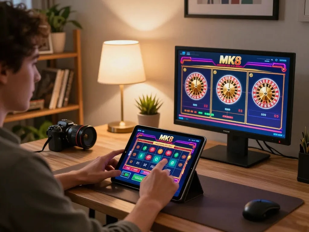 Engaging gameplay on the MK8 mobile casino platform, showcasing a tablet with vibrant game displays and a focused player.
