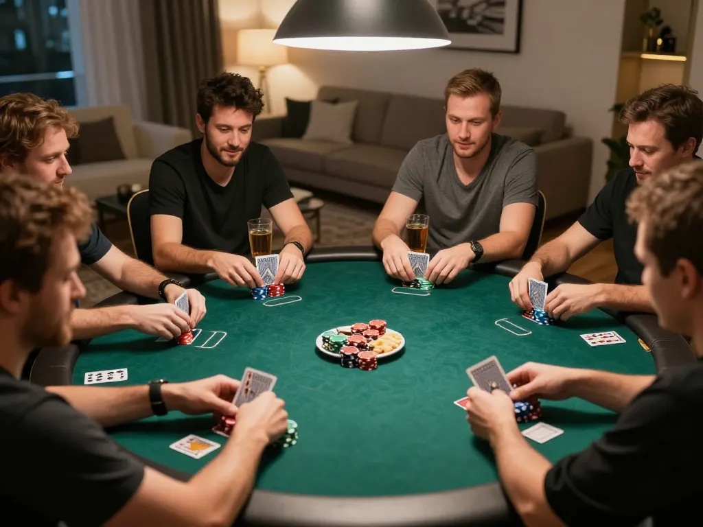 PH22 players engaged in an exciting home poker game with chips and cards visible.