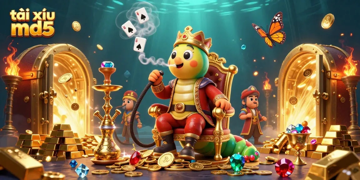 Experience the thrill of tài xỉu md5 with an illustration of a magical gaming scene packed with excitement and treasures.