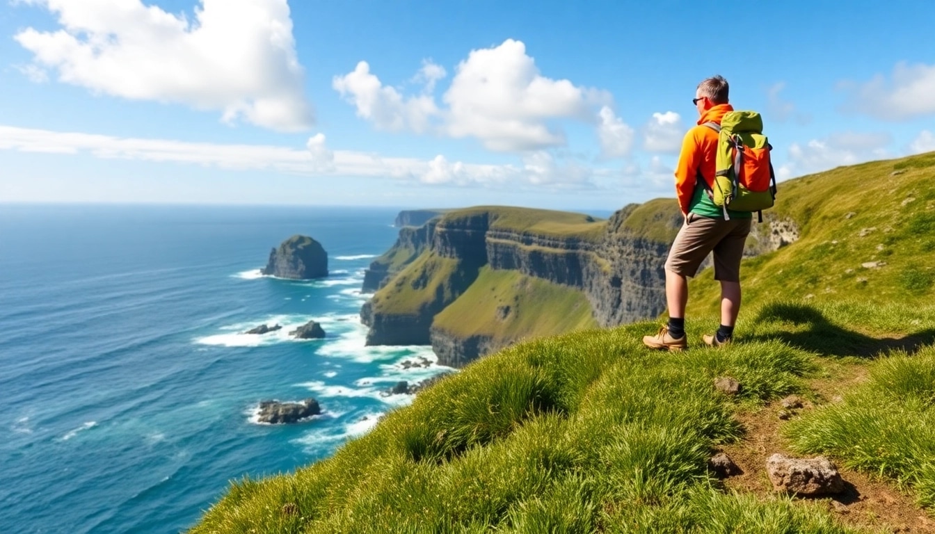 Irland wandern: Ein Wanderer genießt die atemberaubende Küstenansicht Irlands.
