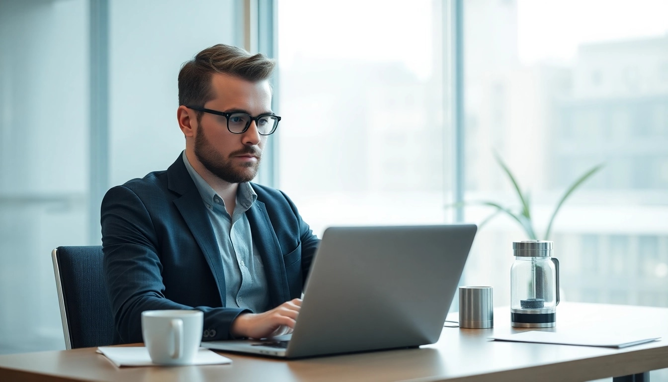 Headhunter Köln bei der Arbeit in einem modernen Büro, konzentriert auf den Laptop.