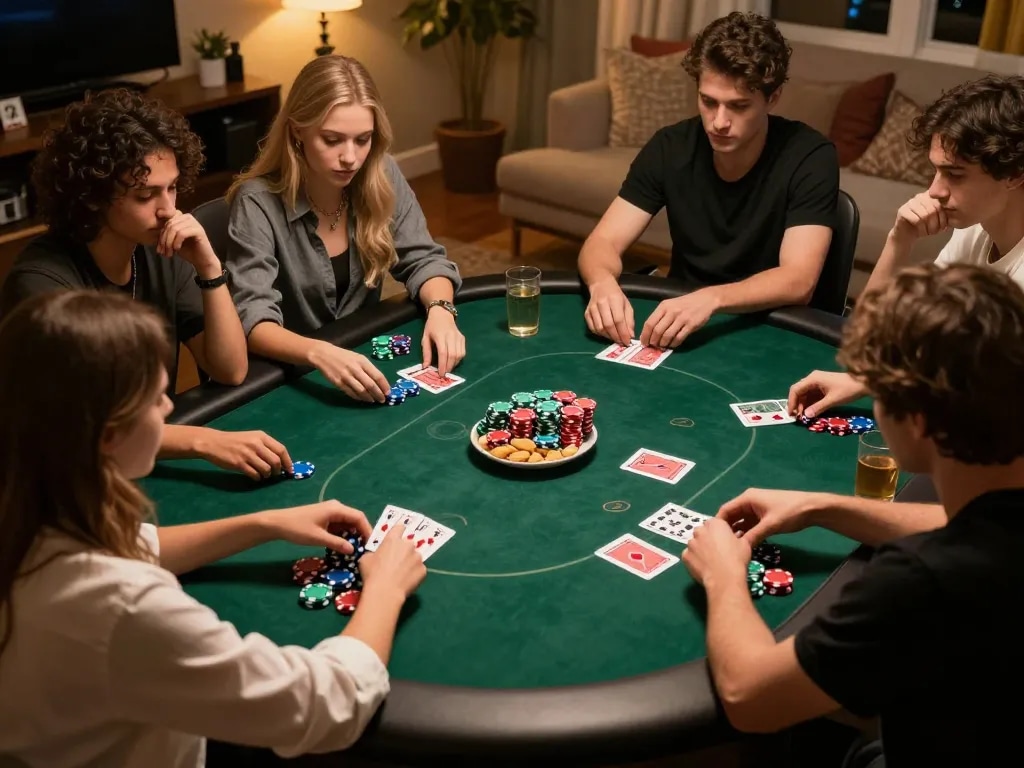 Fesselndes Gameplay von Immobilienmakler Frankfurt Riedberg während eines freundlichen Pokerabends mit lebhaften Chips und entspannter Atmosphäre.