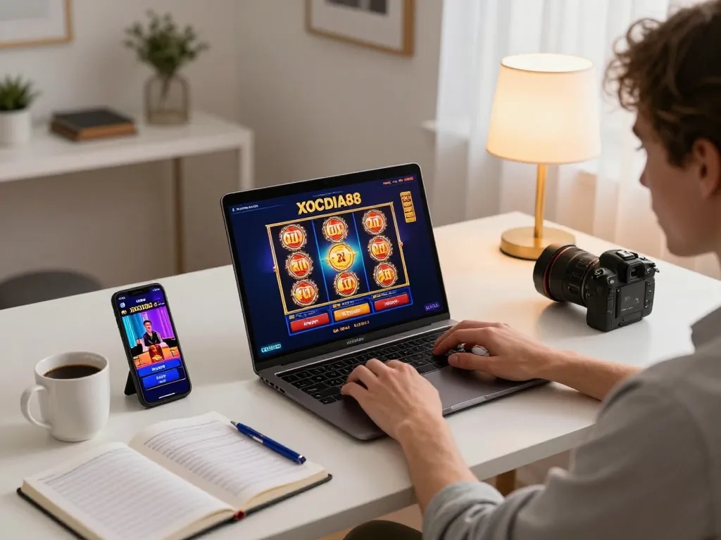 Engaging in online gaming at XOCDIA88 with laptop and tablet in a cozy home office setup