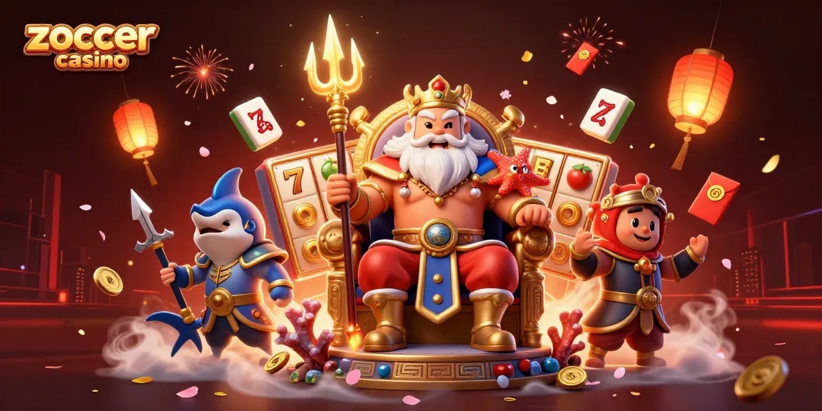 Spin the reels at zoccer casino with Neptune and friends in an exciting, vibrant scene.