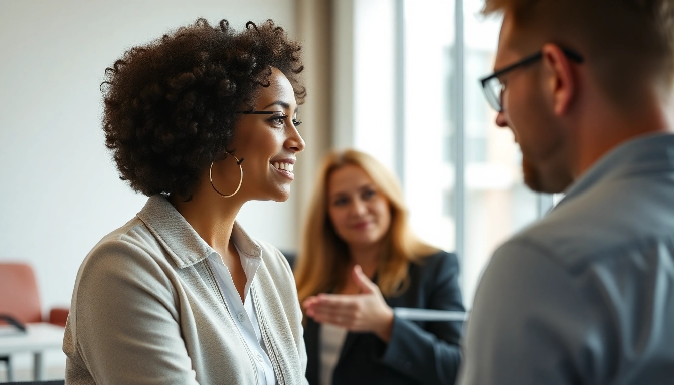 Headhunter consulting with a client in a stylish office environment, showcasing professionalism and engagement.