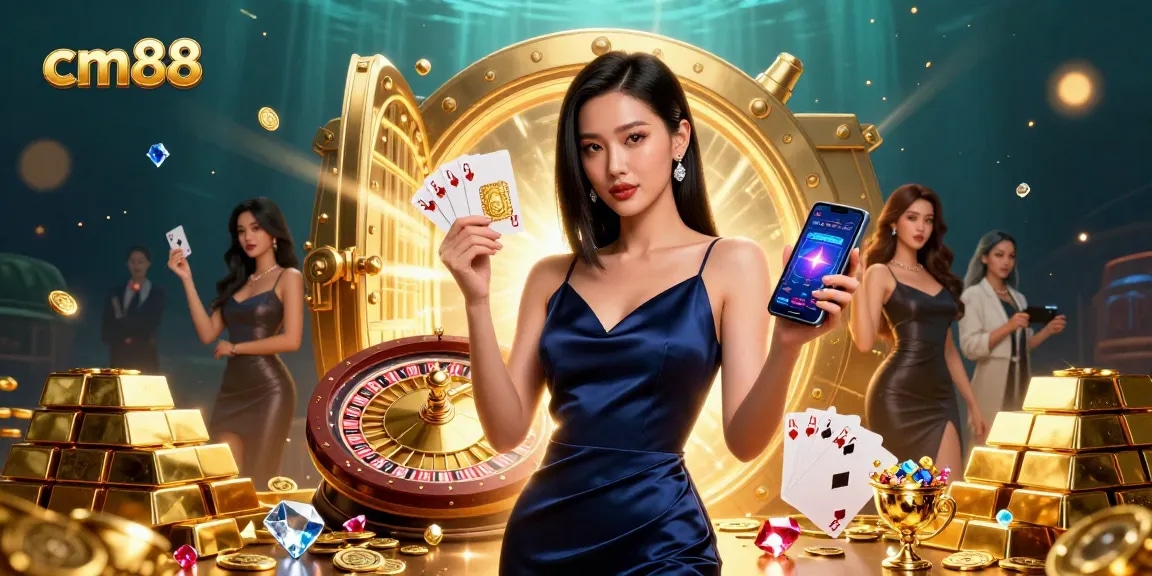 Experience thrilling games at cm88 with a stunning Asian woman showcasing a casino app amid dazzling treasures.
