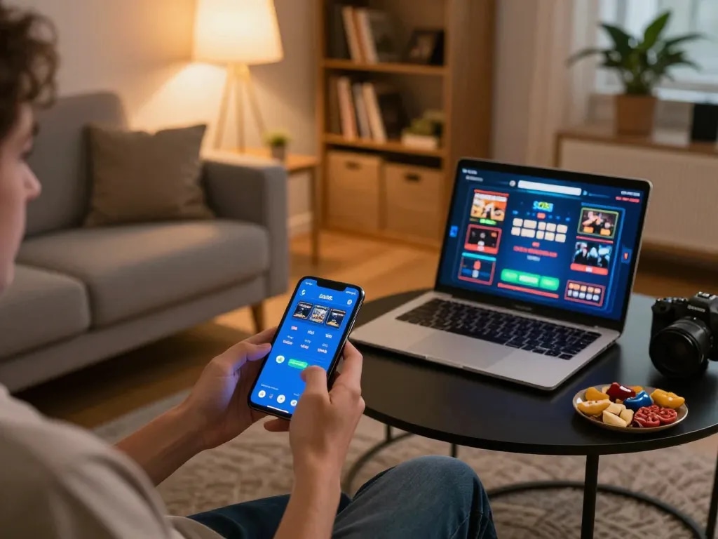 Engaged player using the SC88 app for online gambling in a cozy home setting
