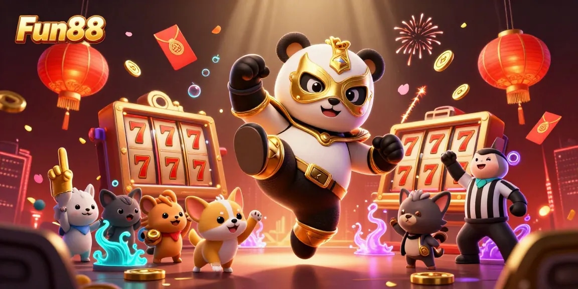Fun88 captures excitement with a panda wrestler, dynamic slot reels, and lively spectators.