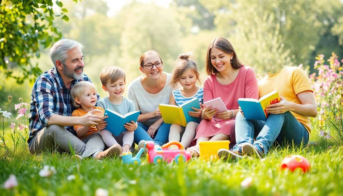 Kindererziehung wird lebendig in diesem Bild, das eine Familie im Garten zeigt und die Freude des Spielens einfängt.